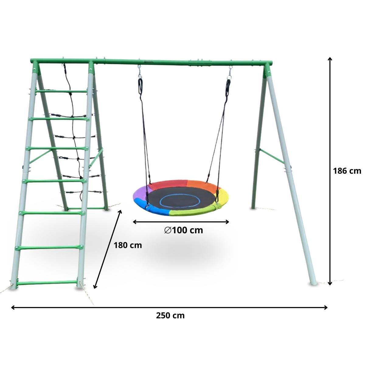 Lasten XL puutarhaleikkipaikka, jossa haikarapesäkeinu, tikkaat ja kiipeilyverkko