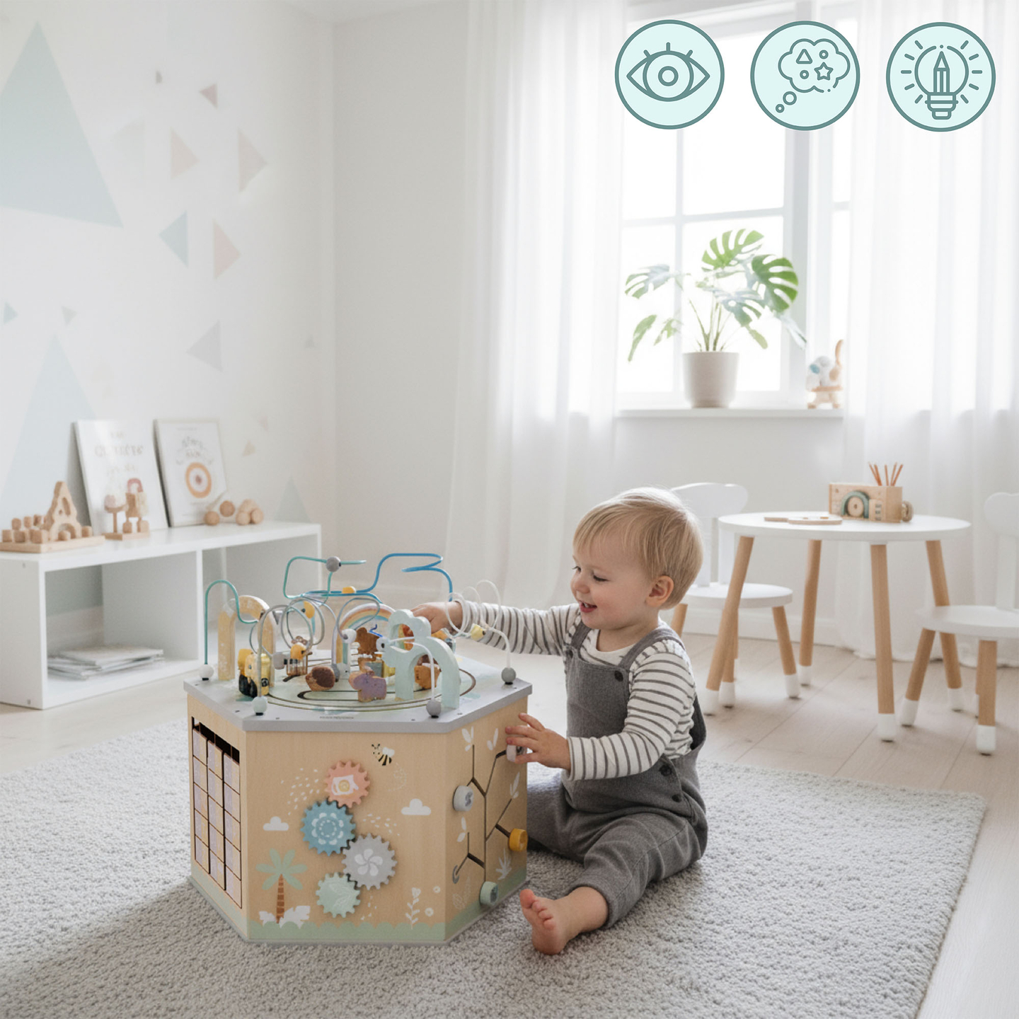 Suuri puinen opetuskuutio - Montessori-lelu, jossa on magneettijuna ja moottorilenkit