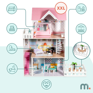 XXL Suurin puinen nukkekoti - 123 cm - LED-valaistu - terassi, tarvikkeet, puutarha