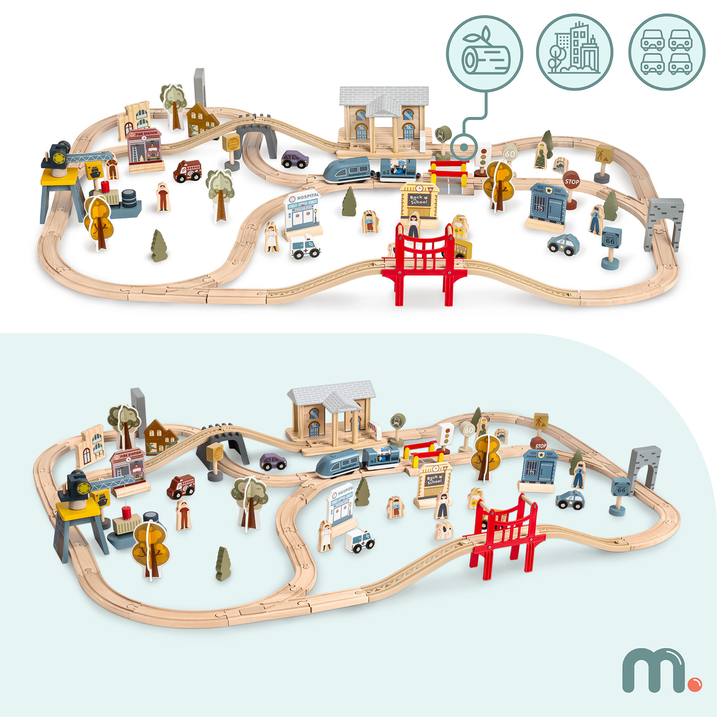 Puinen kaupungin rautatie sähköjunalla - liikkuva nosturi, laiva, sillat