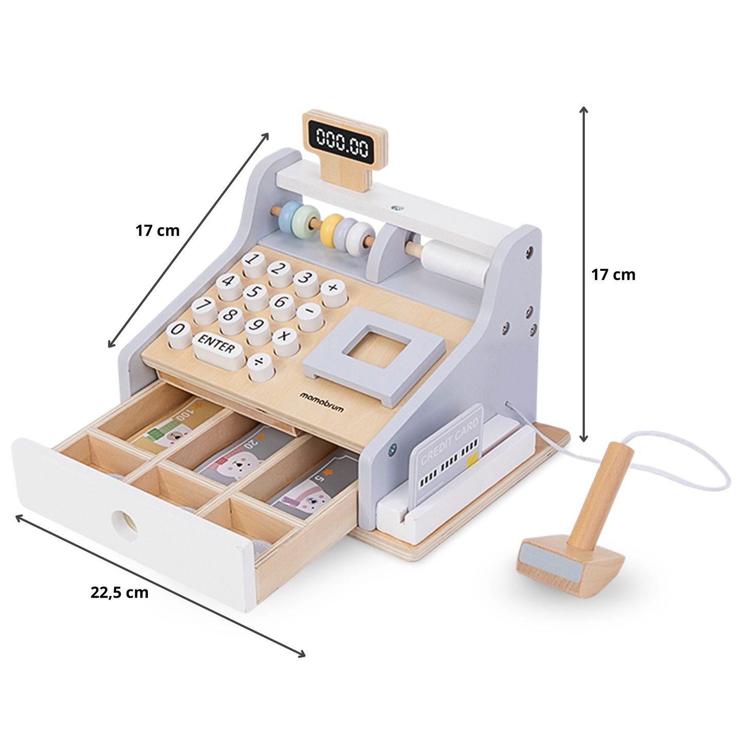 Puinen kassakone lisävarusteineen