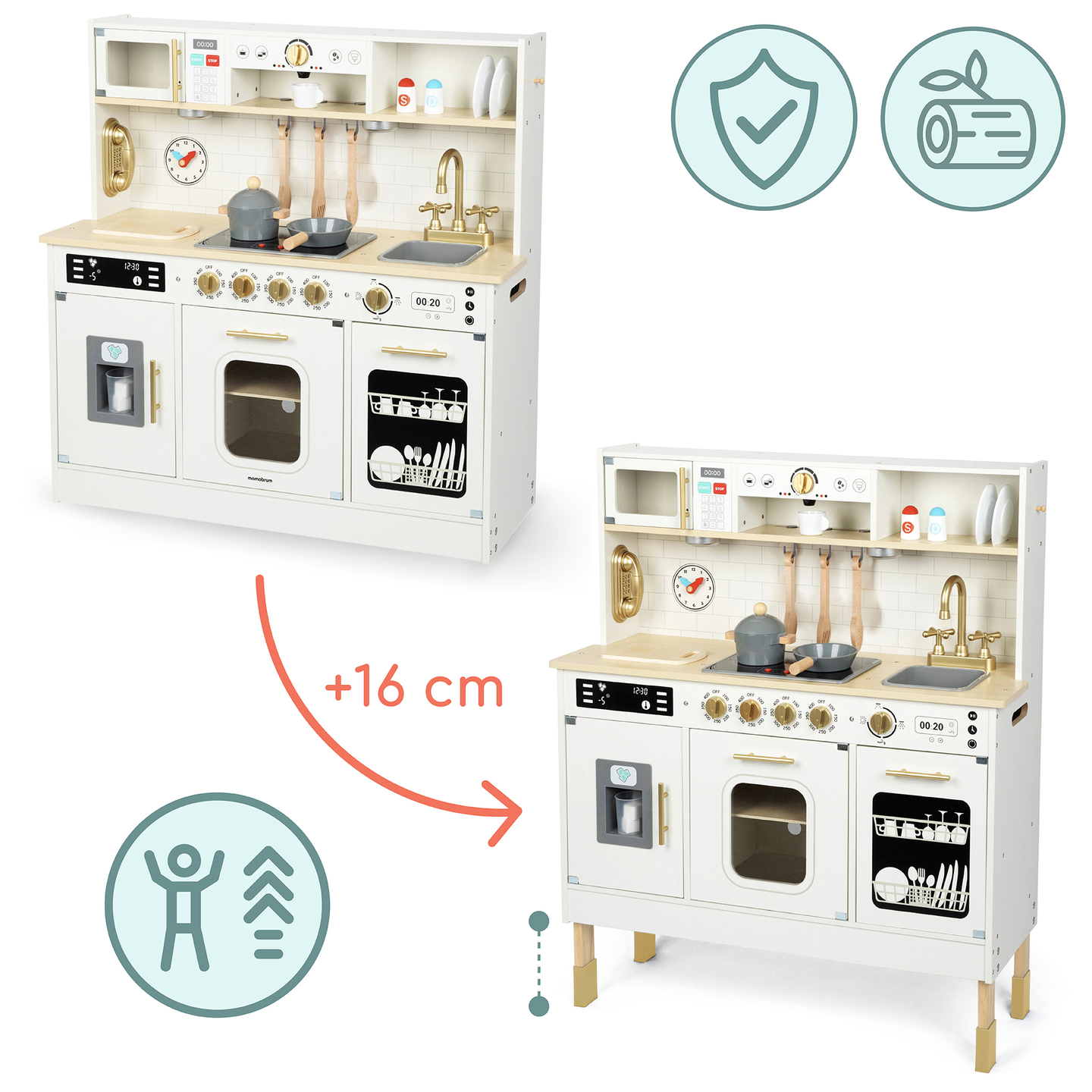 Interaktiivinen XXL-puinen keittiö lisävarusteilla ja LED-valaistuksella - kaksitasoinen