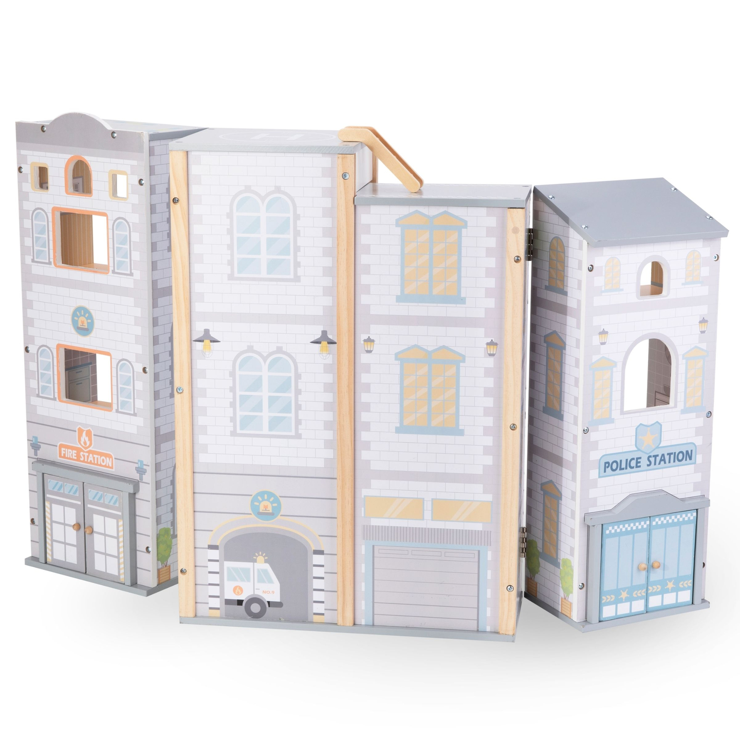 Suuri kokoontaitettava paloasema ja poliisiasema - puinen setti. Paloasema ja poliisiasema tarvikkeineen.