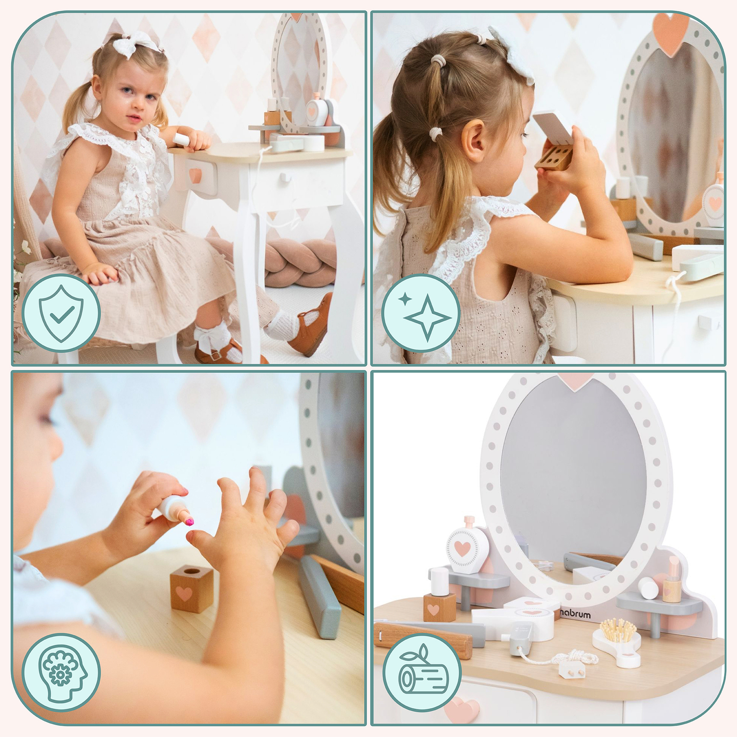 Puinen pukeutumispöytä jakkaralla ja lisävarusteilla