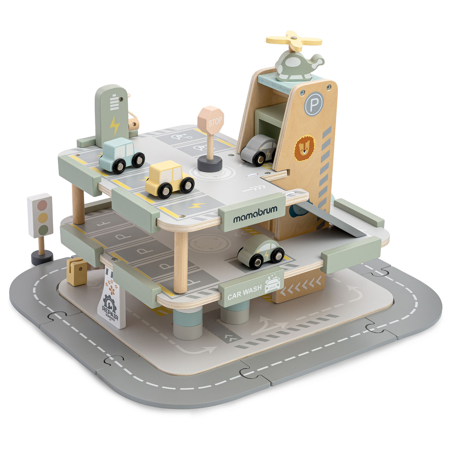 Puinen, kolmikerroksinen lasten autotalli varusteineen – pysäköintialue, huoltoasema, autopesula, helikopteri