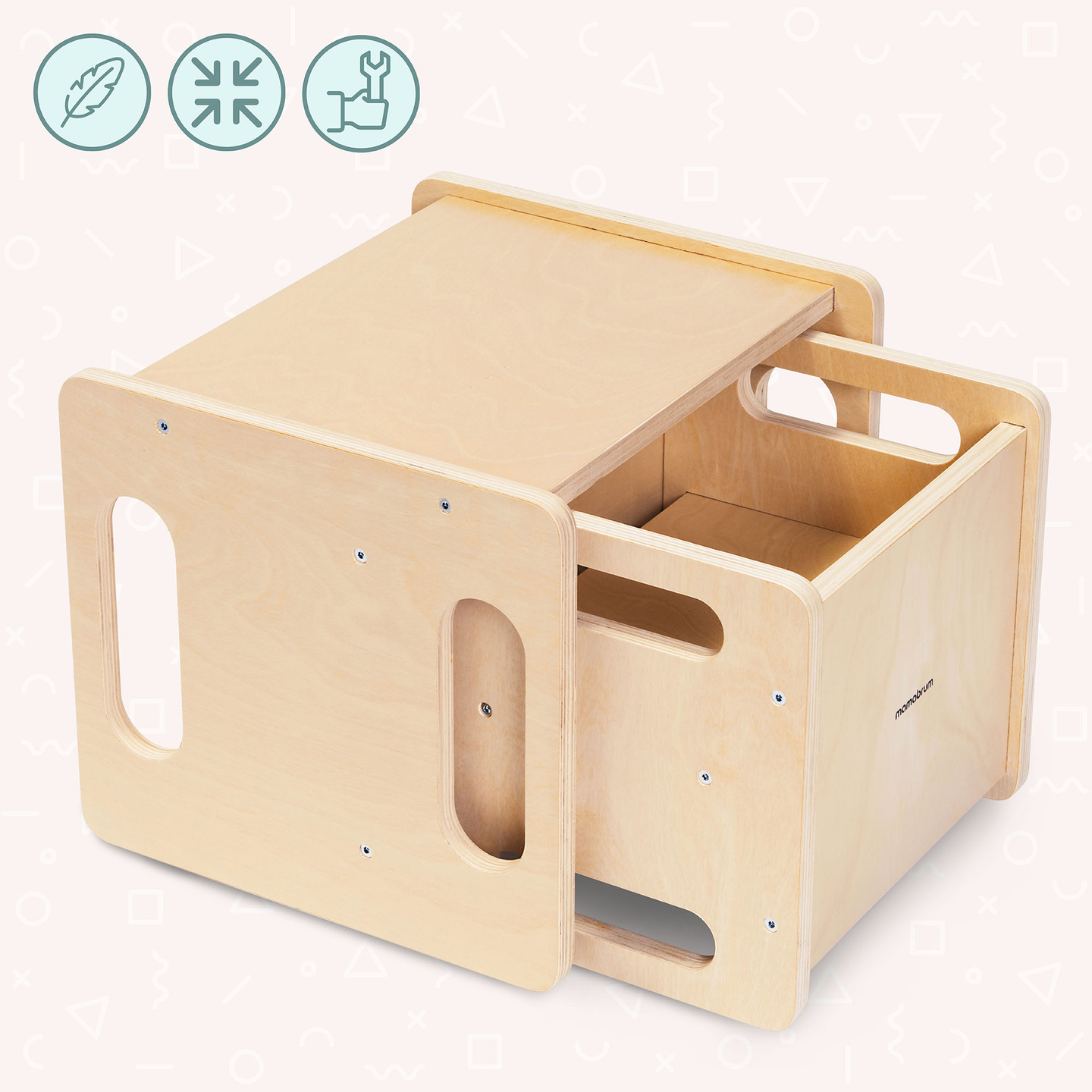 Puinen pöytä ja tuoli askelkivitoiminnolla – monitoiminen Montessori-setti lapsille