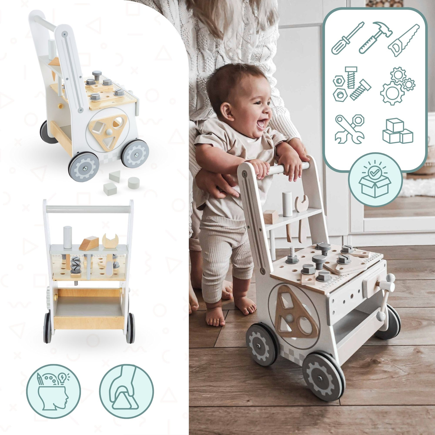 3-in-1 puinen kävelijä, työntöaisa + työpaja - 47 elementtiä