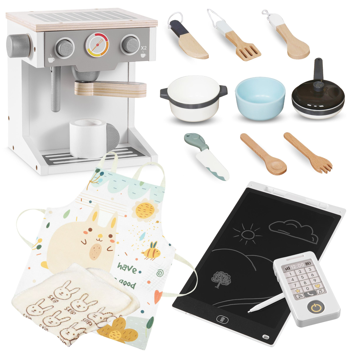 XXXXL suuri puinen interaktiivinen keittiö, jossa on LED-valaistus, pesukone, mikroaaltouuni, kahvinkeitin sekä hedelmä- ja vihannesvalikoima - 50 elementtiä