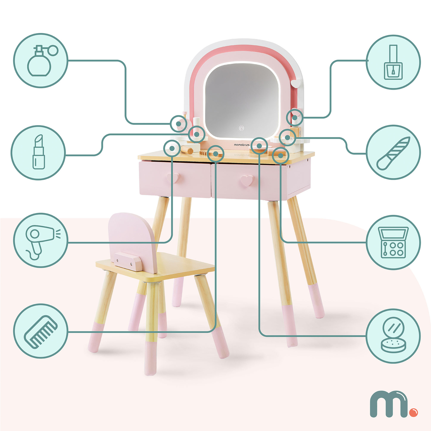 Puinen lasten meikkipöytä LED-valaistuksella ja portaattomalla kirkkauden säädöllä, tuoli ja lisävarusteet