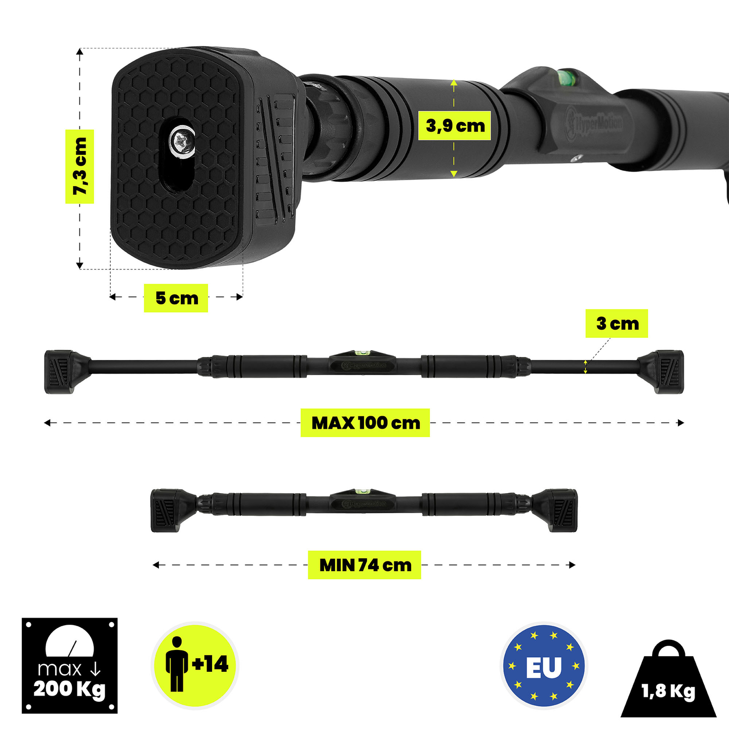 HyperMotion säädettävä leuanvetotanko 74-100 cm, 200 kg, musta