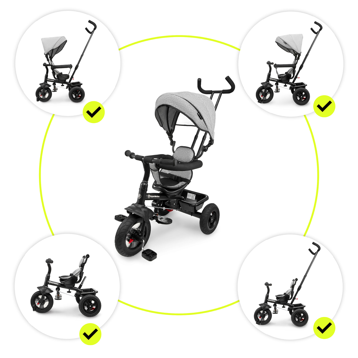 Kolmipyörä 1-4-vuotiaille lapsille - TOBI FREY - harmaa väri - kääntyvä - pumpatut pyörät + työntöaisa
