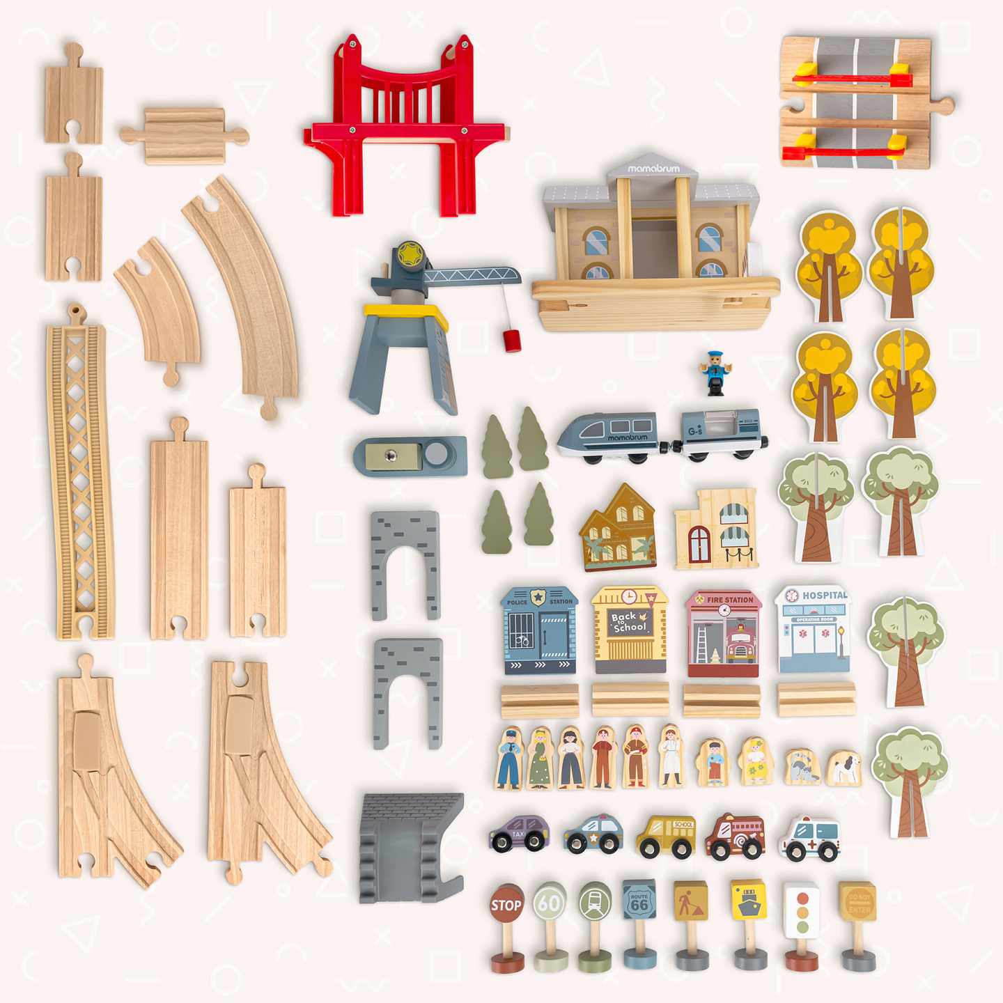 Puinen kaupungin rautatie sähköjunalla - liikkuva nosturi, laiva, sillat