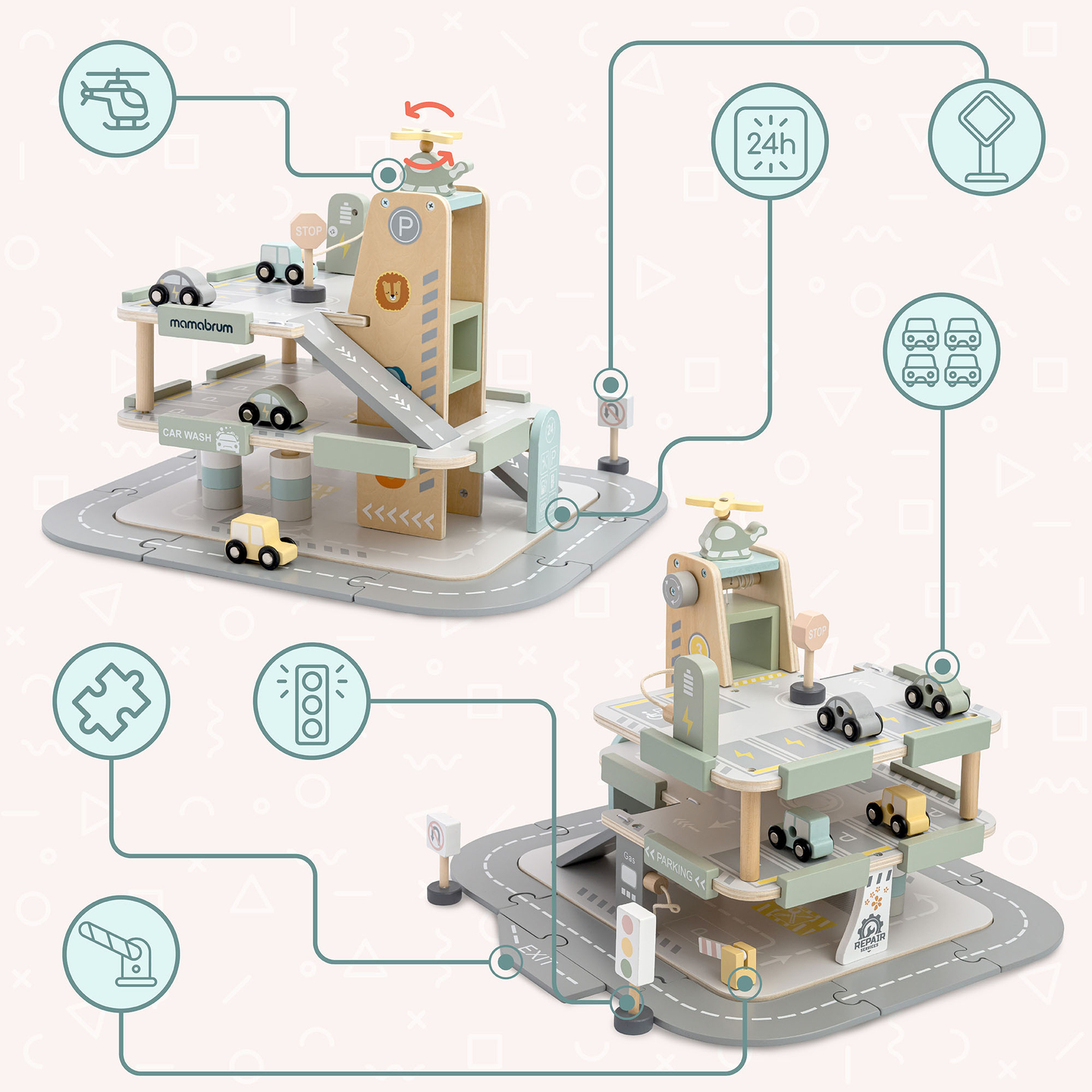 Puinen, kolmikerroksinen lasten autotalli varusteineen – pysäköintialue, huoltoasema, autopesula, helikopteri