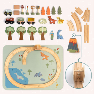 Dino Park puinen juna liukumattomalla matolla - dinosaurukset, juna, raiteet, tulivuori, kello