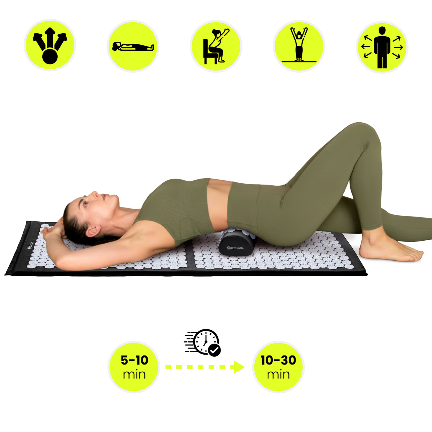 Suuri akupunktiomatto tyynyllä ja päällisellä - 130 cm HyperMotion mustavalkoinen