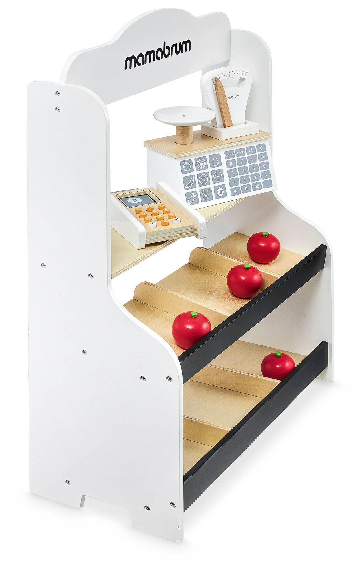 Minimarketti - kauppa, jossa on vaaka, terminaali, maksukortti ja hedelmiä