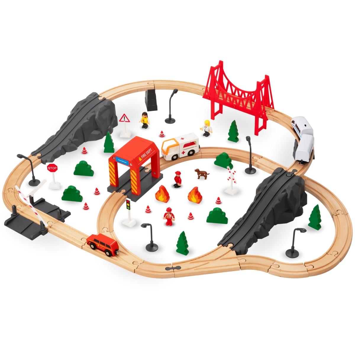 Puinen rautatie, akkujuna - Palokunta, raiteet, autot, sillat, puomi