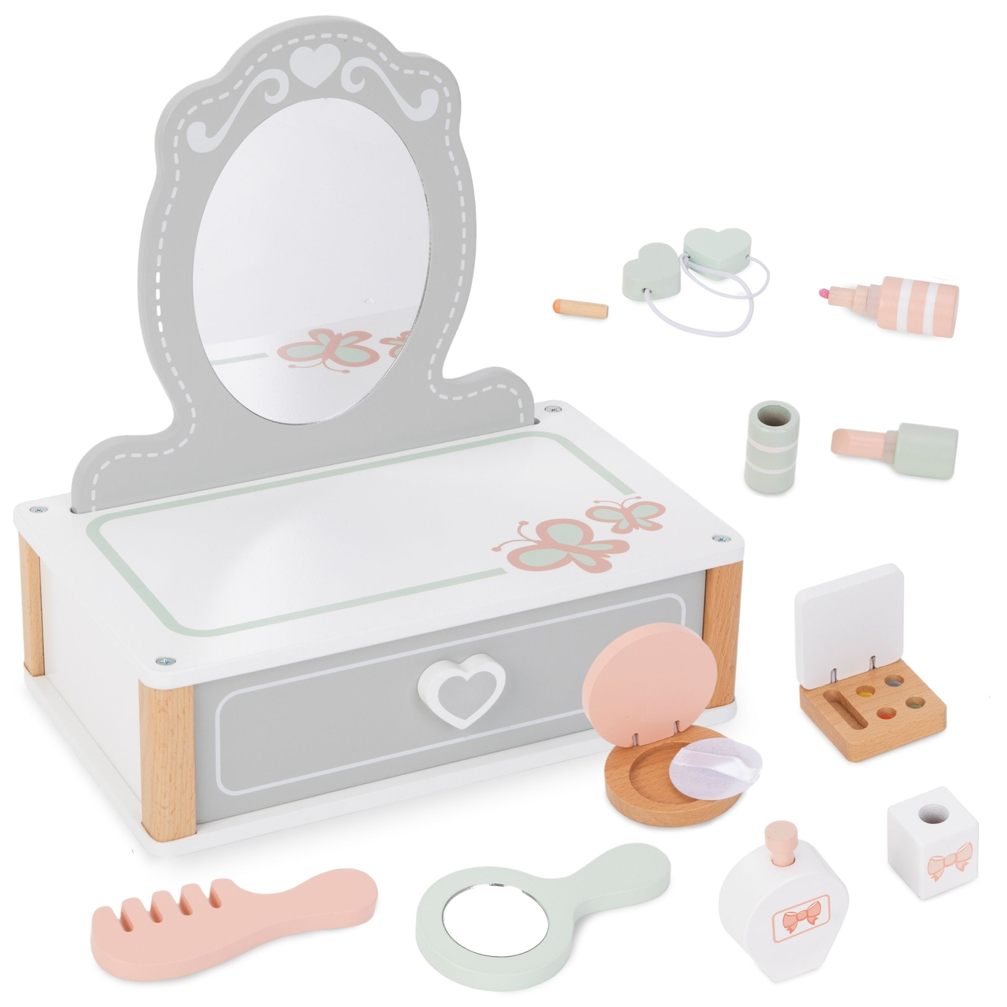 Puinen lasten pukeutumispöytä tarvikkeineen