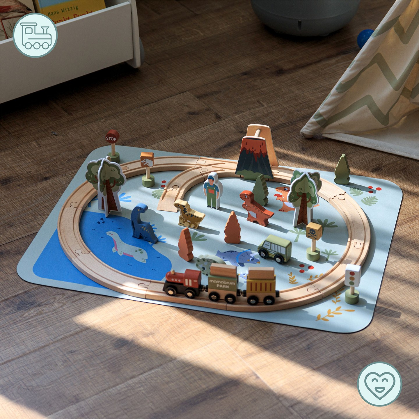 Dino Park puinen juna liukumattomalla matolla - dinosaurukset, juna, raiteet, tulivuori, kello