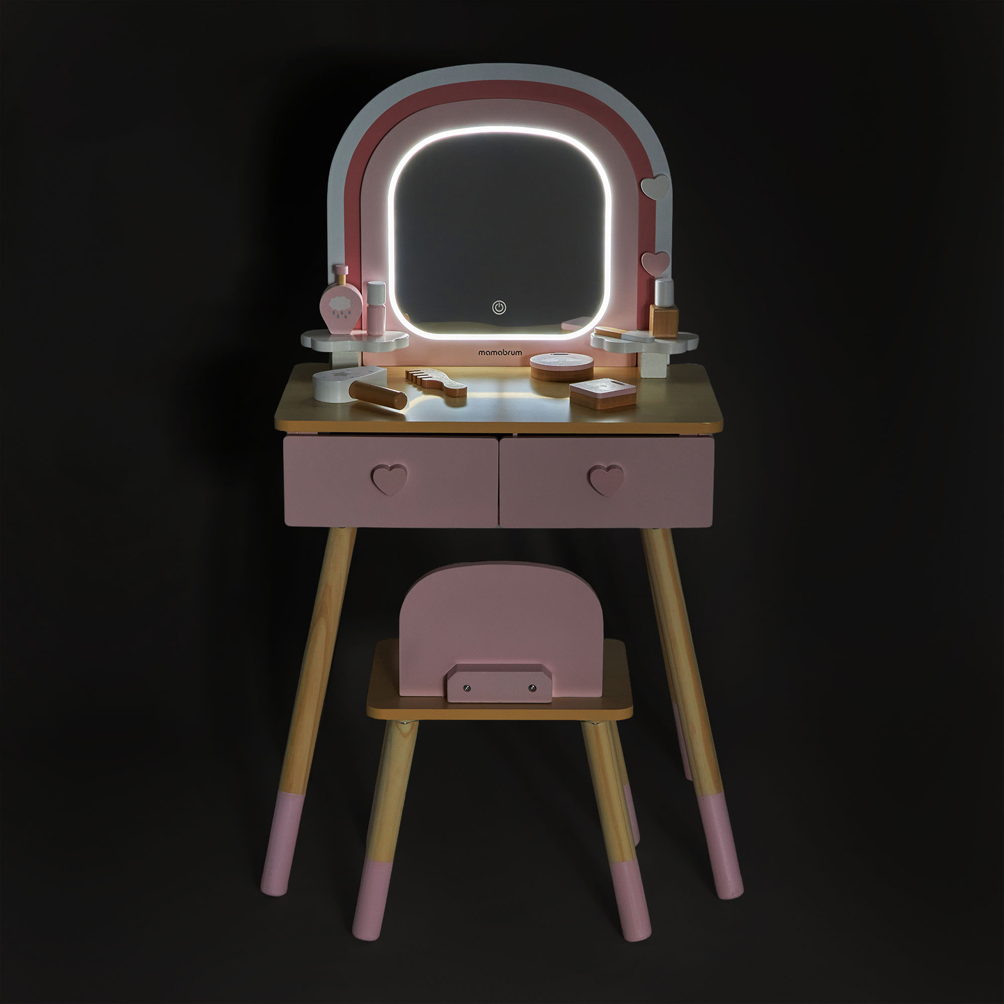 Puinen lasten meikkipöytä LED-valaistuksella ja portaattomalla kirkkauden säädöllä, tuoli ja lisävarusteet