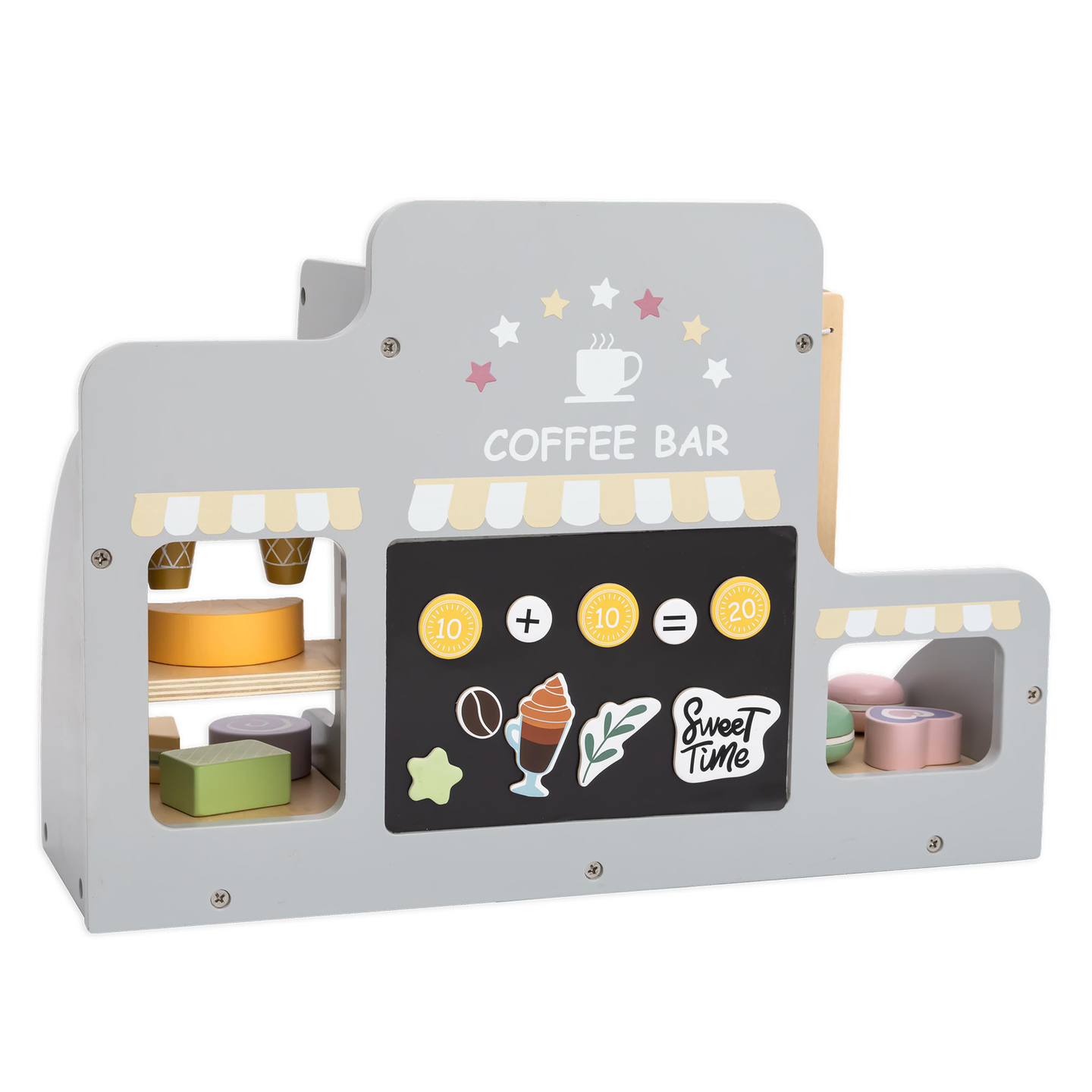 Suuri puinen jäätelöbaari, jossa on magneettitaulu, kahvinkeitin sekä jäätelö- ja jälkiruokasetti - yli 70 palaa!