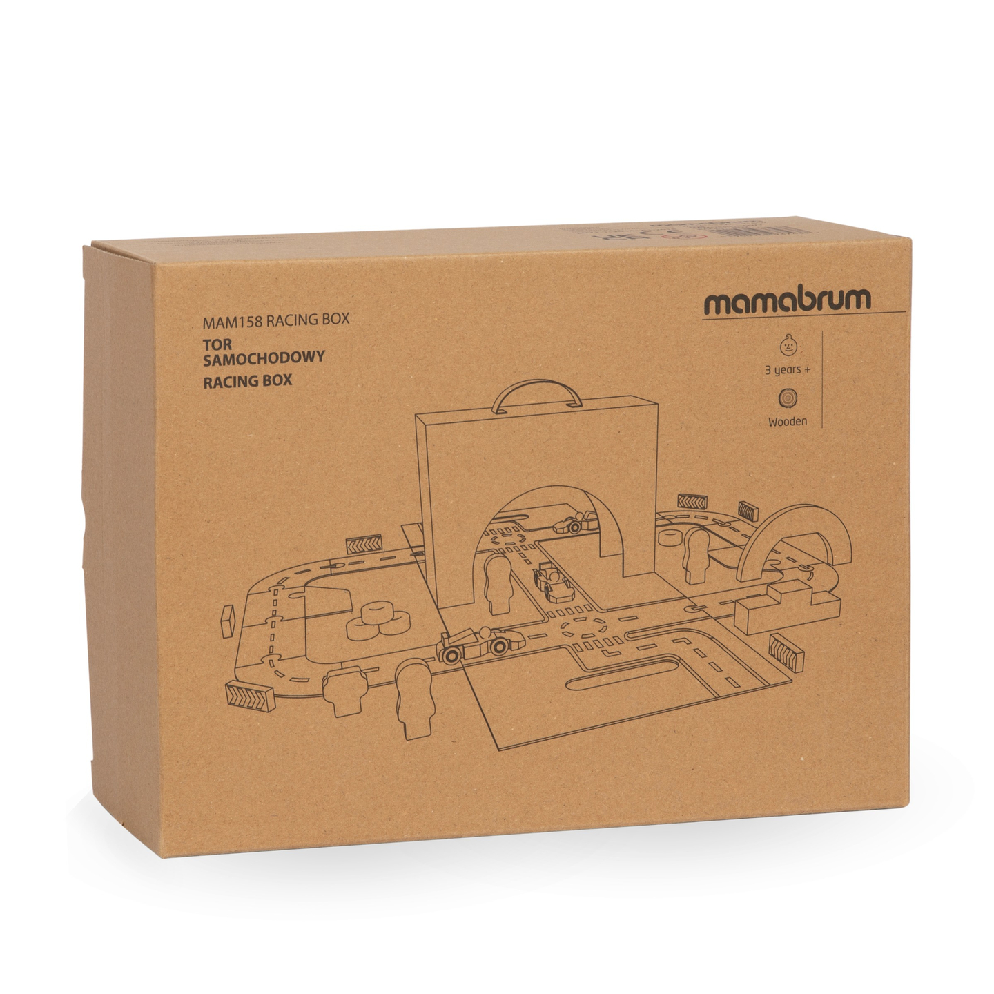 Magneettinen matkalaukku kilparadalla, puisilla ajoneuvoilla ja tietarvikkeilla