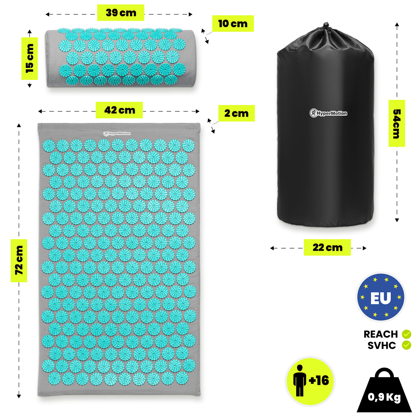 Akupunktiomatto tyynyllä ja päällisellä - 72 cm HyperMotion harmaa-minttu