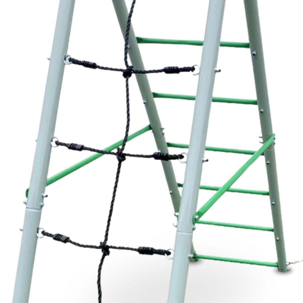 Lasten XL puutarhaleikkipaikka, jossa haikarapesäkeinu, tikkaat ja kiipeilyverkko