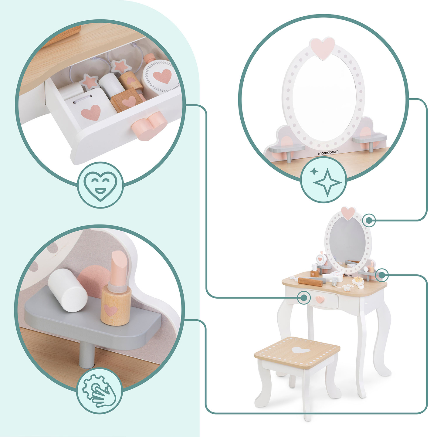 Puinen pukeutumispöytä jakkaralla ja lisävarusteilla