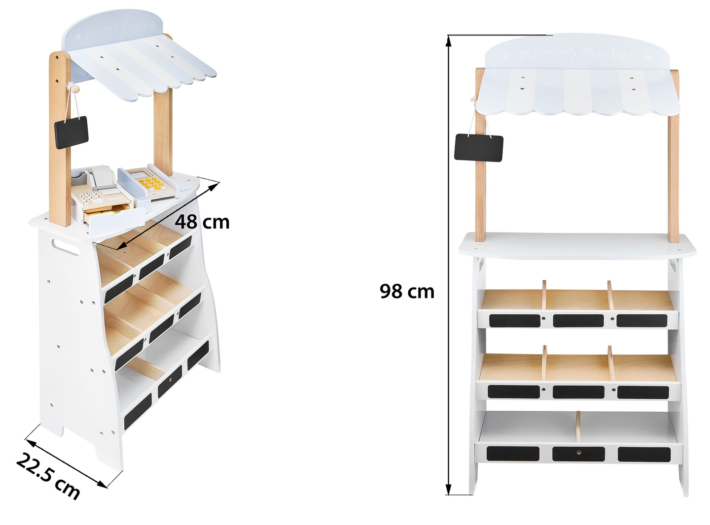 Vihanneskauppa - puinen koju, jossa on laatikoita, kassakone ja terminaali