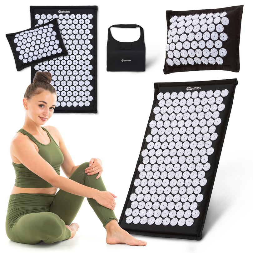 ECO-pellava-akupunktiomatto kookoskuidulla ja tattarityynyllä – 68 cm HyperMotion mustavalkoinen