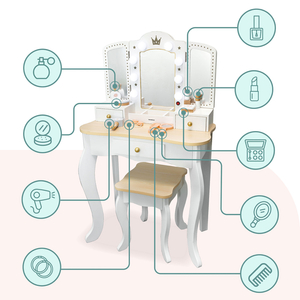 XXL puinen pukeutumispöytä jakkaralla ja LED-valaistuksella lapsille + tarvikkeet