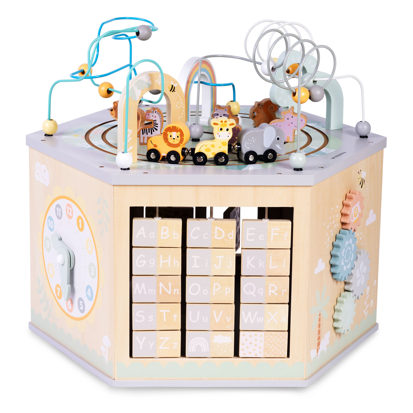 Suuri puinen opetuskuutio - Montessori-lelu, jossa on magneettijuna ja moottorilenkit