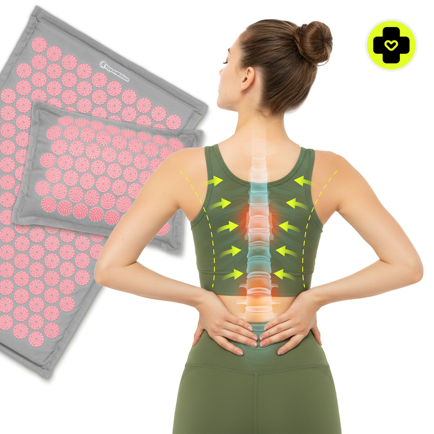 ECO-pellava-akupunktiomatto kookoskuidulla ja tattarityynyllä – 68 cm HyperMotion harmaa ja pinkki