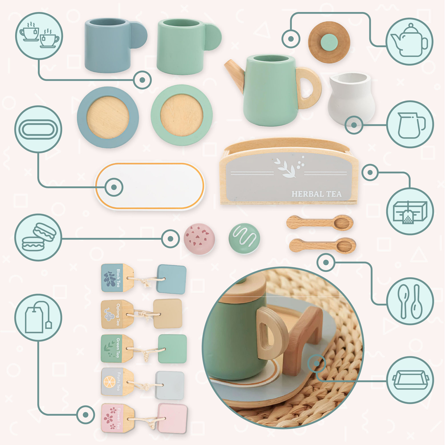 Suuri puinen teesetti tarjottimella - 18 tuotetta