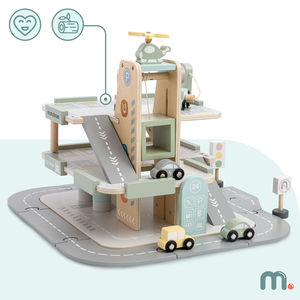 Puinen, kolmikerroksinen lasten autotalli varusteineen – pysäköintialue, huoltoasema, autopesula, helikopteri