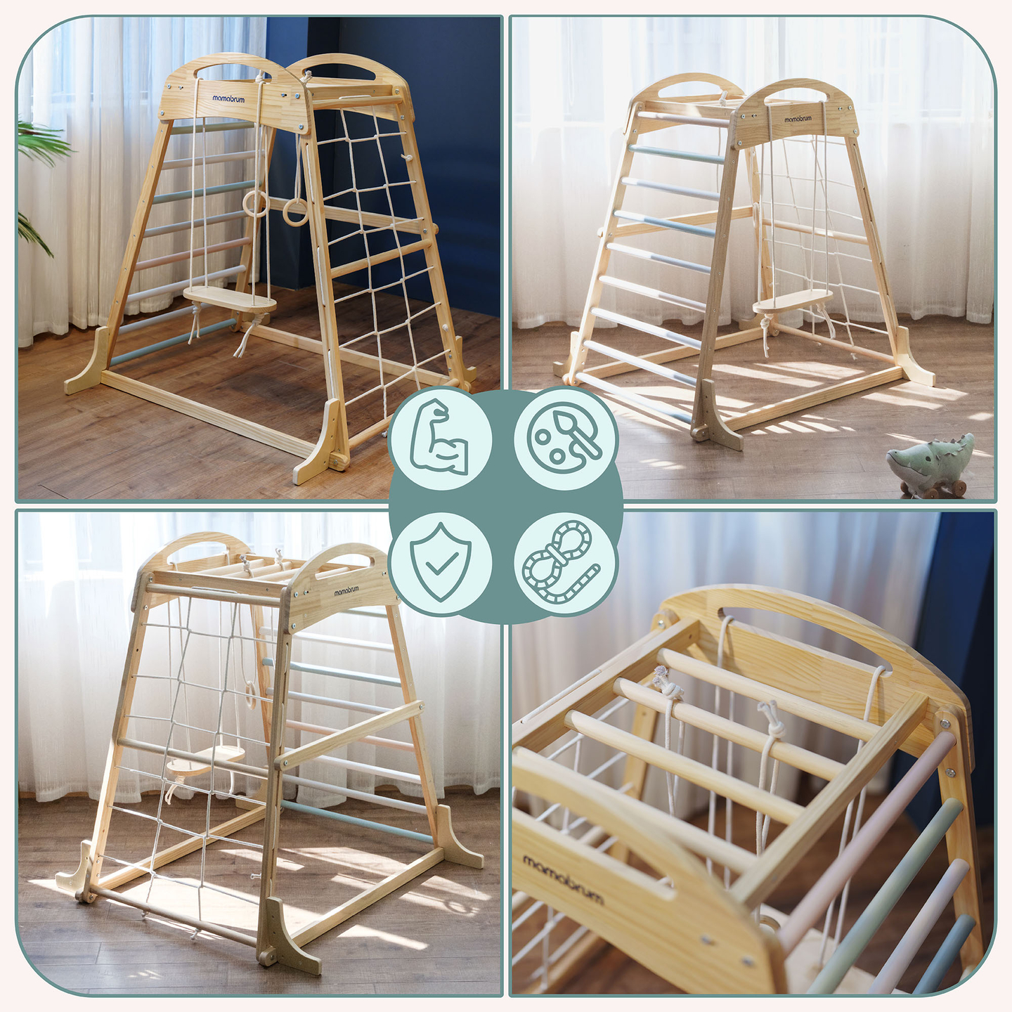 Puinen sisäleikkipuisto, jossa on keinu, voimistelurenkaat ja kiipeilyverkko