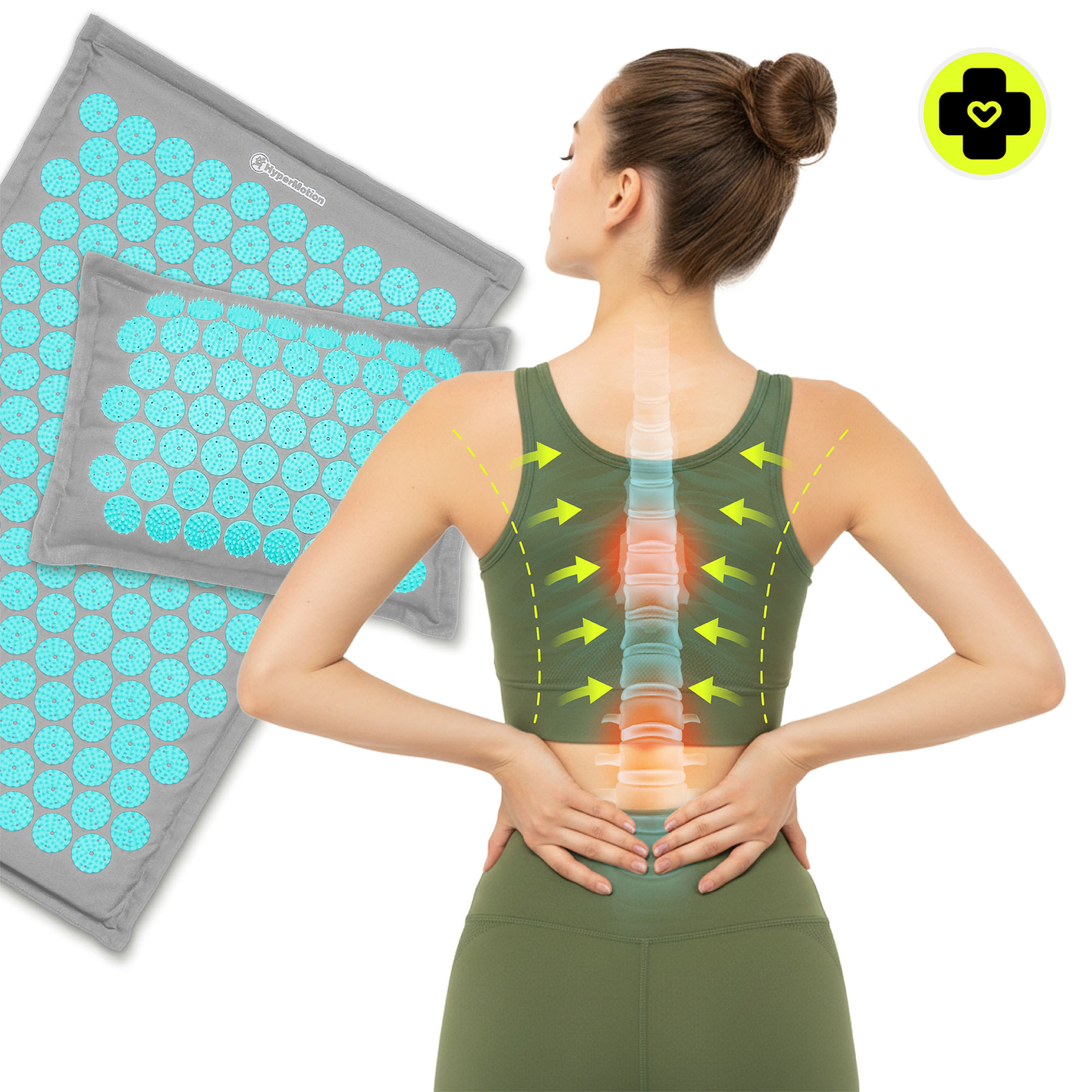 ECO-pellava-akupunktiomatto kookoskuidulla ja tattarityynyllä – 68 cm HyperMotion harmaa-minttu