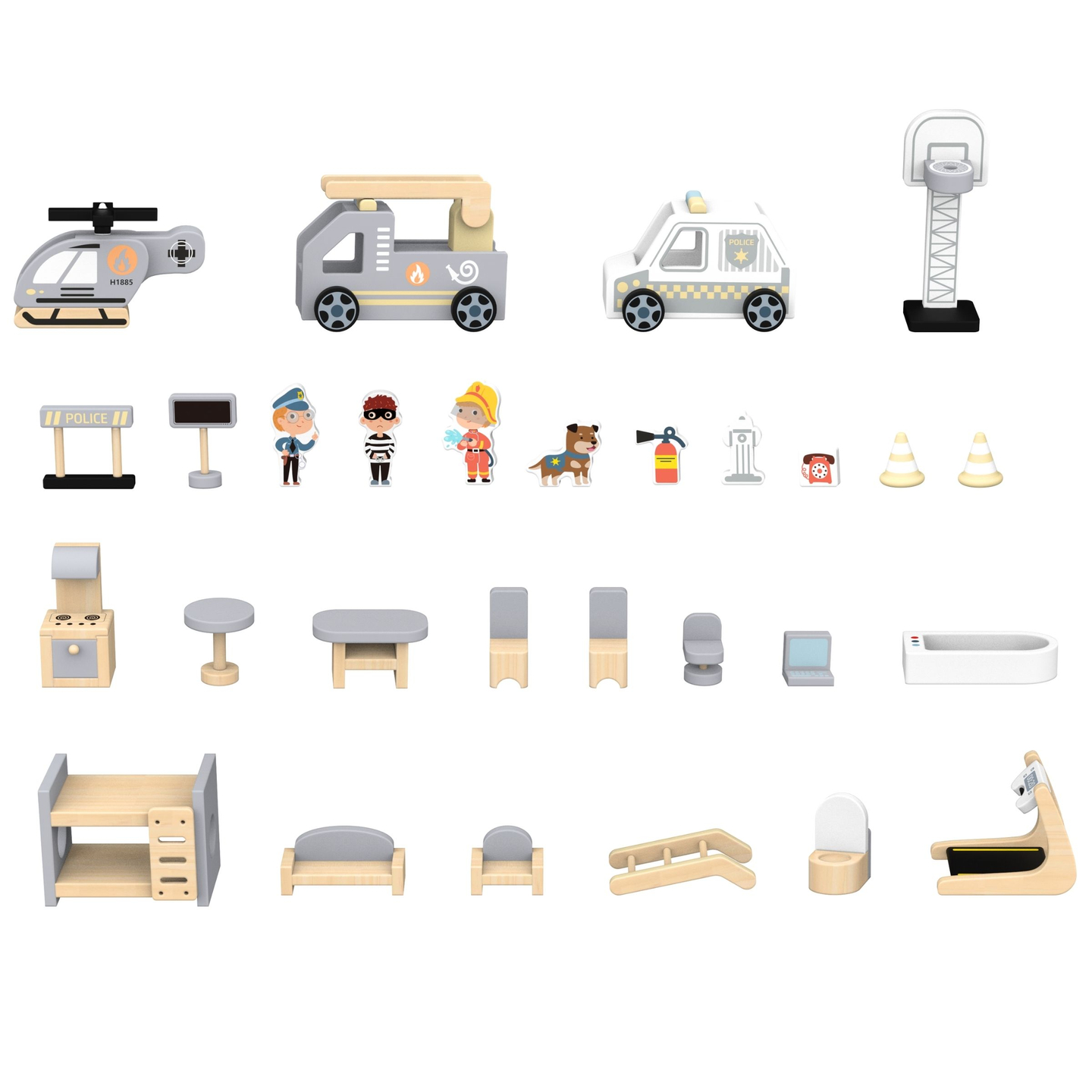 Suuri kokoontaitettava paloasema ja poliisiasema - puinen setti. Paloasema ja poliisiasema tarvikkeineen.
