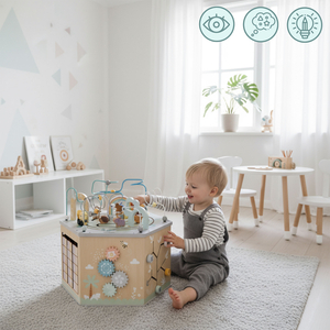 Suuri puinen opetuskuutio - Montessori-lelu, jossa on magneettijuna ja moottorilenkit