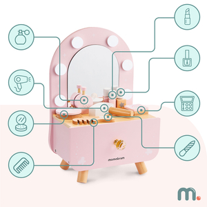 Puinen minimeikkipöytä lapsille, jossa on asusteita ja LED-valaistus, jossa on portaaton kirkkauden säätö