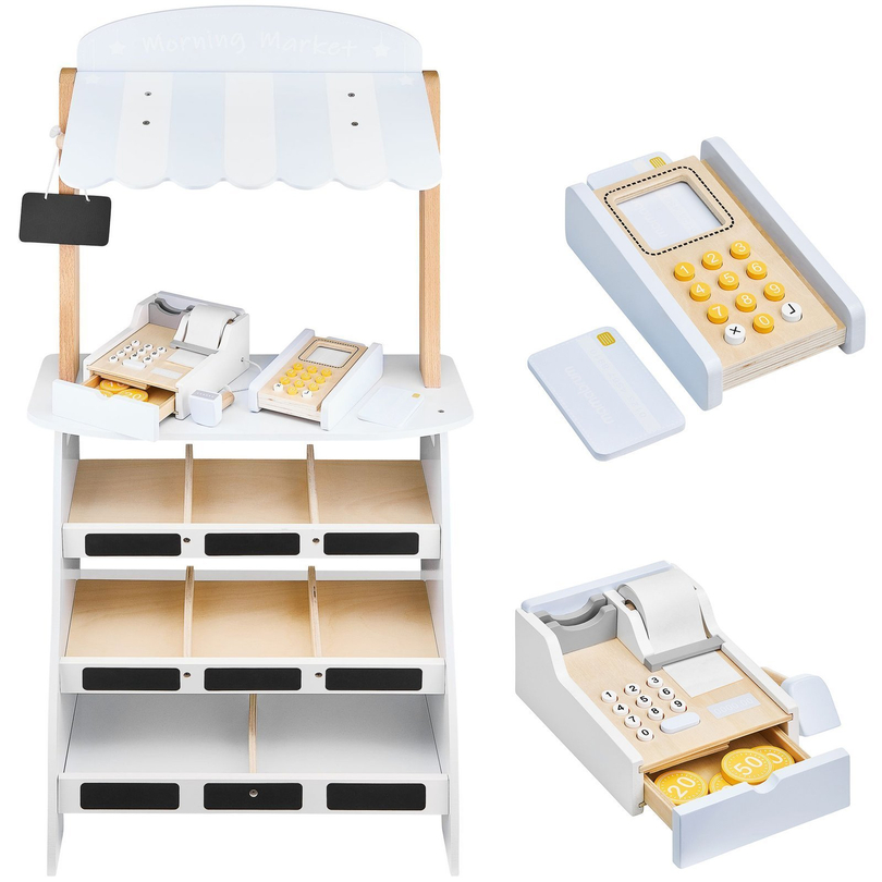 Vihanneskauppa - puinen koju, jossa on laatikoita, kassakone ja terminaali