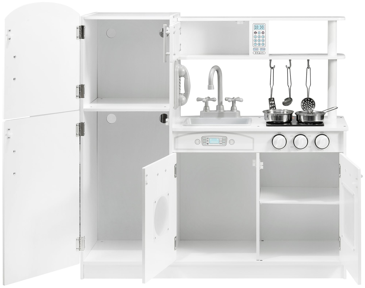 Suuret puiset valkoiset keittiötarvikkeet ja esiliina