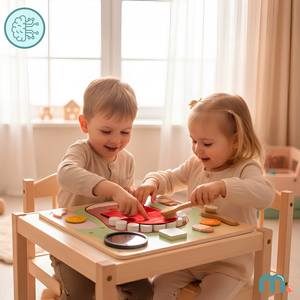 Puinen Montessori-opetuslauta Pieni hammaslääkäri - hammasharja, hammastahna, irrotettavat hampaat, peili, ruoka, makujen oppiminen