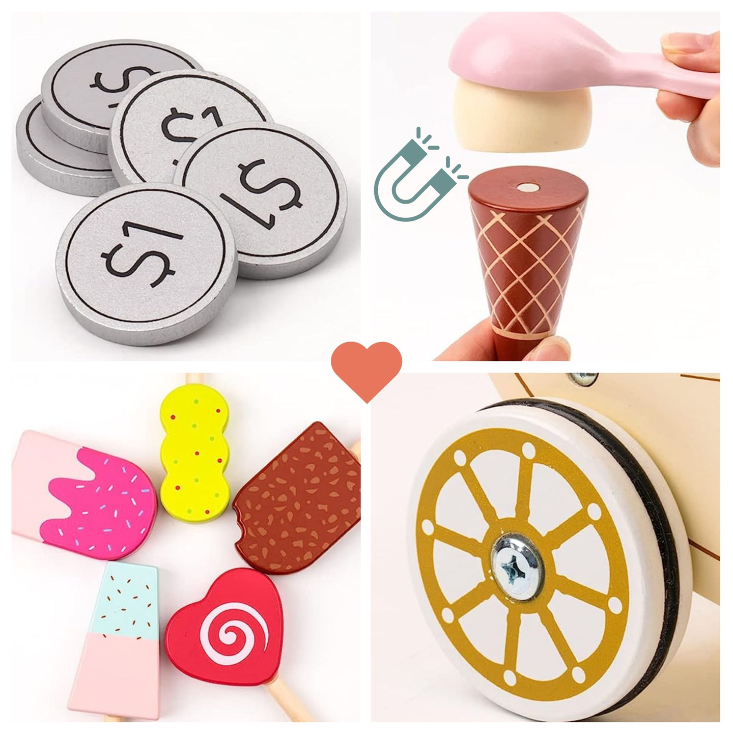 Puinen jäätelökioski lapsille - pyörillä varustettu kärry lisävarusteineen