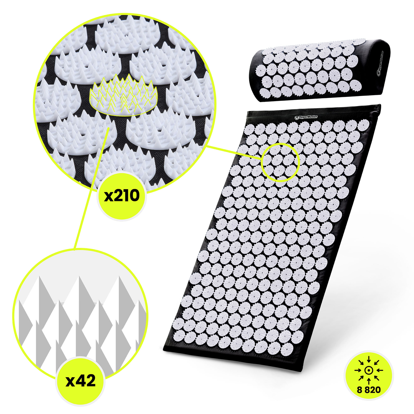Akupunktiomatto tyynyllä ja päällisellä - 72 cm HyperMotion mustavalkoinen