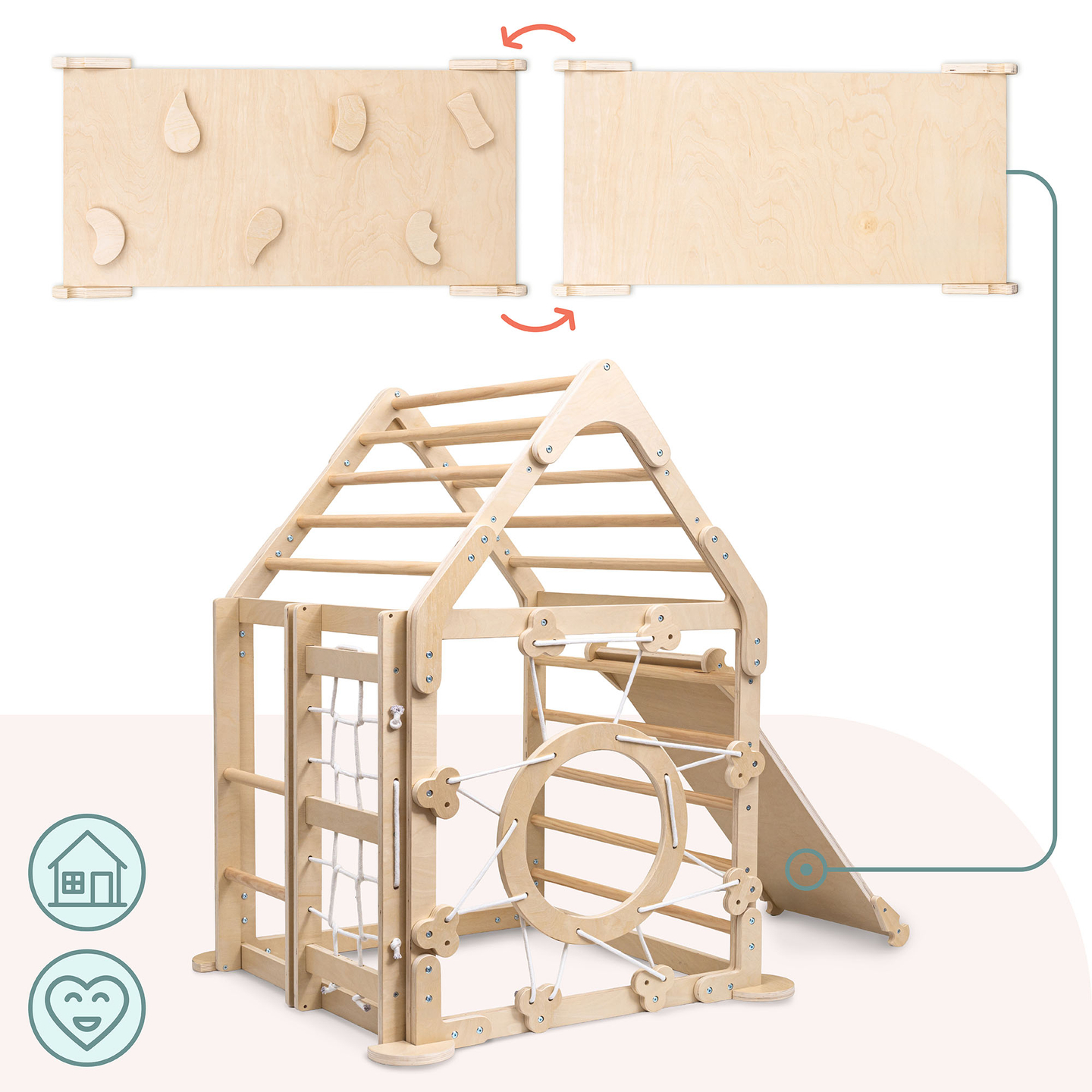 Puinen sisäleikkipuisto lapsille - talo, jossa on tikkaat ja liukumäki