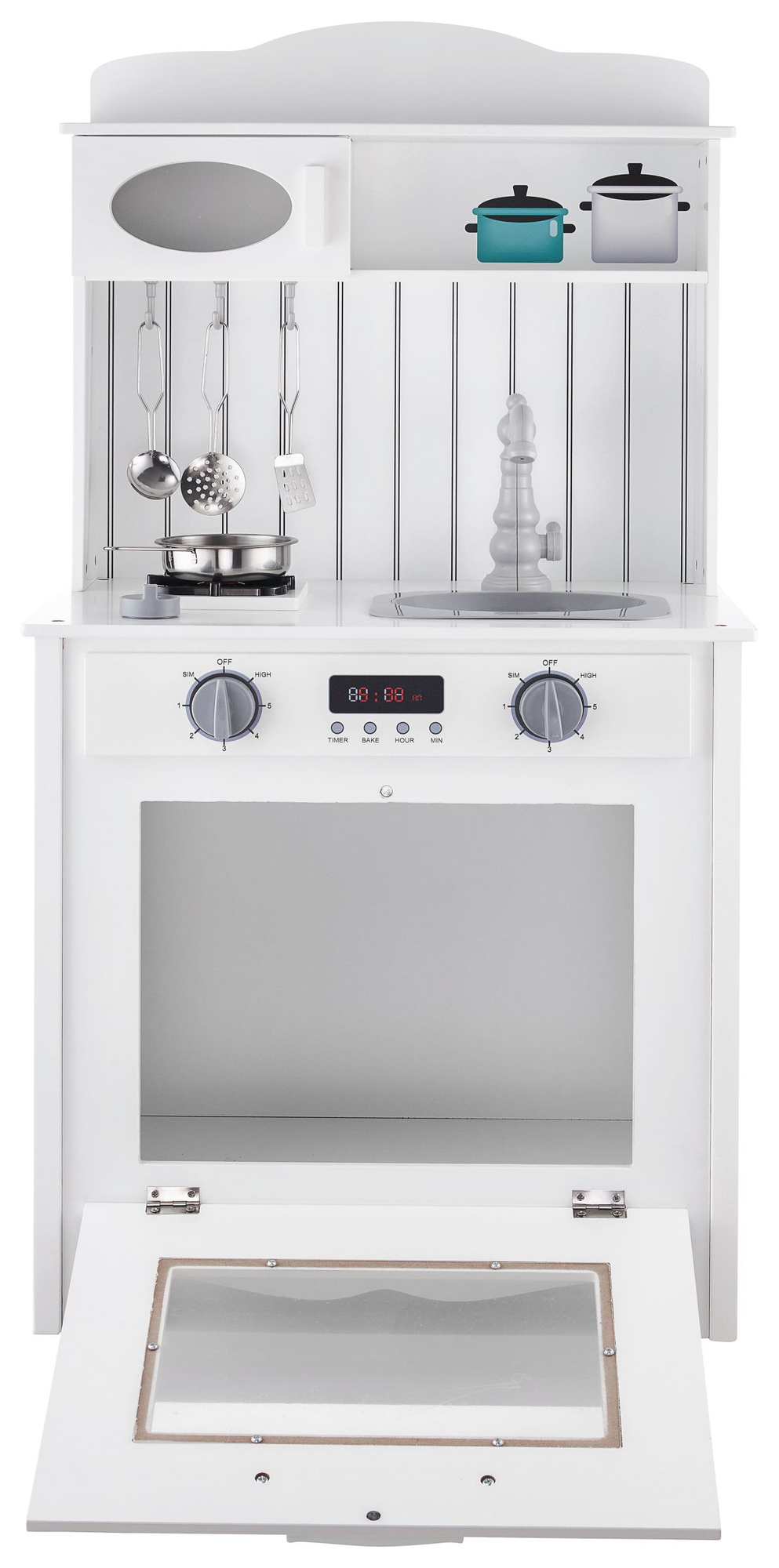 Valkoinen puinen keittiö esiliinalla, tarvikkeilla ja LED-valaisimella varustettuna