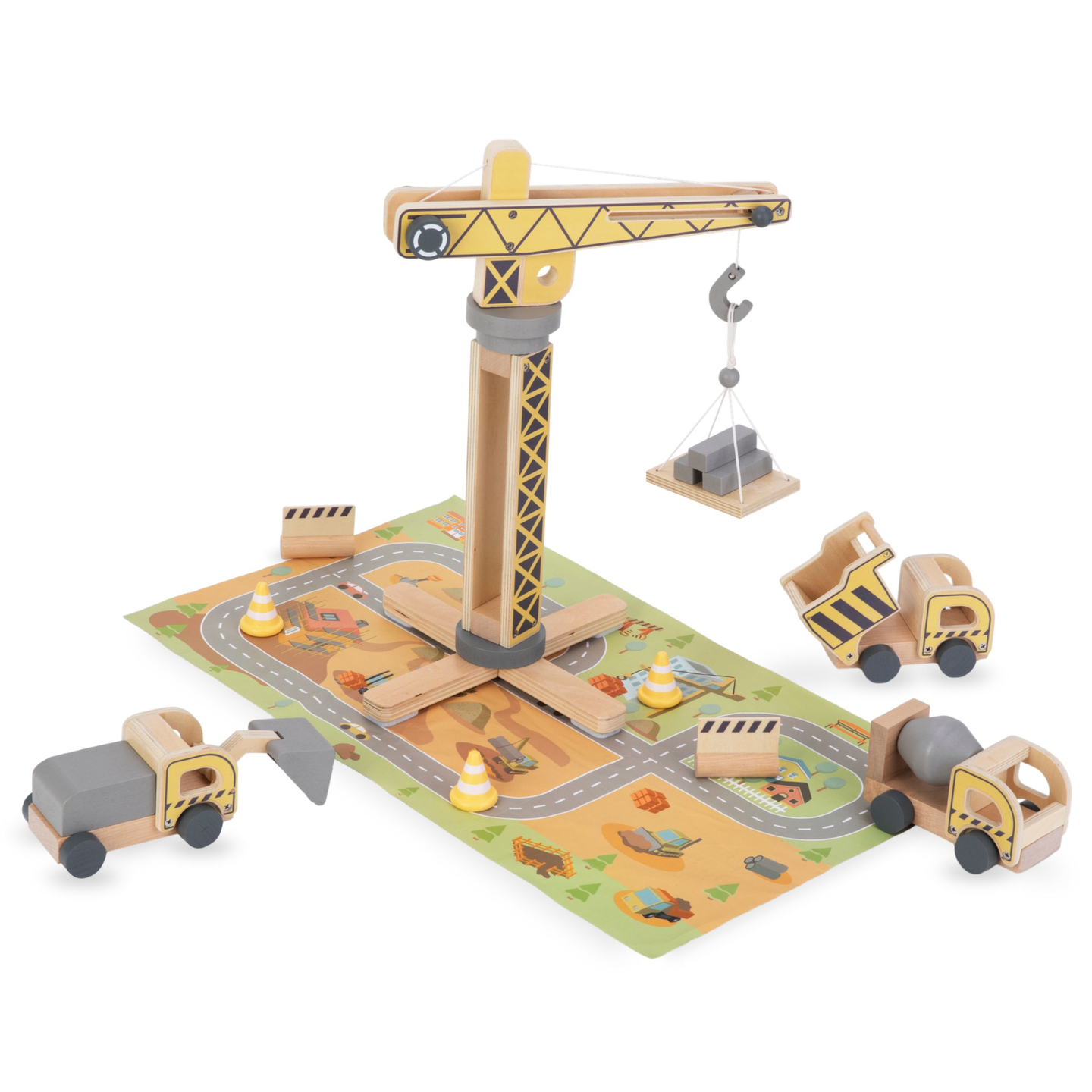 Puurakennustyömaa, jossa on suuri liikkuva nosturi ja ajoneuvoja, torninosturi