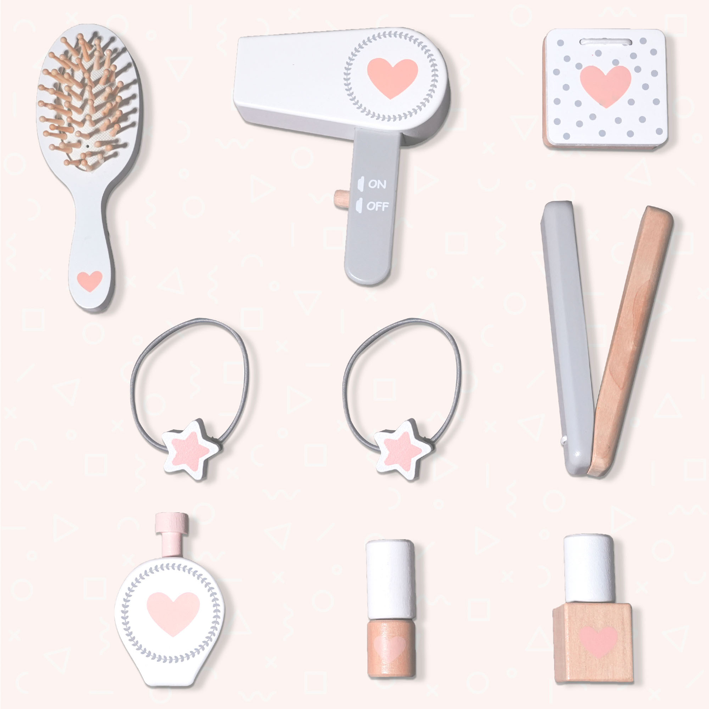 Puinen lasten pukeutumispöytä tuolilla, tarvikkeilla ja LED-valaistuksella